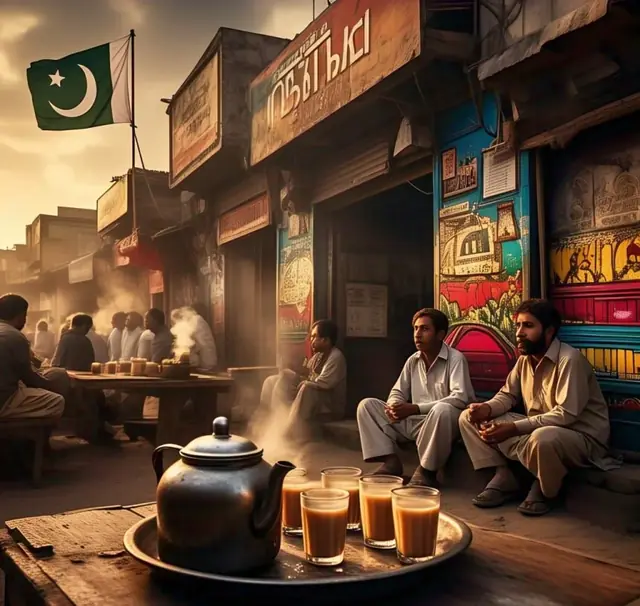 Steaming milk tea being poured from a height into a small glass at a roadside stall