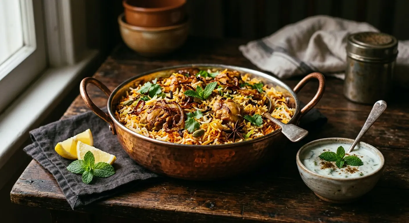 Chicken biryani in a copper pot with saffron basmati rice, fried onions and fresh herbs