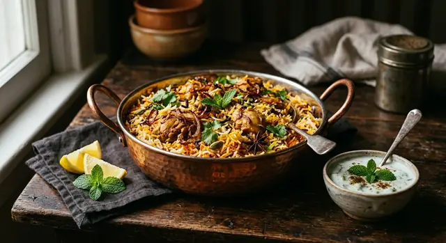 Chicken biryani in a copper pot with saffron basmati rice, fried onions and fresh herbs