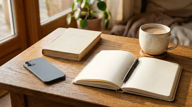 Smartphone lying face down beside a book, notebook and cup of tea on a wooden desk
