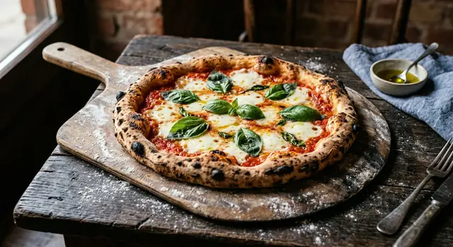 Authentic Neapolitan margherita pizza with charred crust, basil and melted mozzarella on a wooden peel