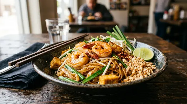 Pad thai with shrimp, tofu, bean sprouts and crushed peanuts served in a ceramic bowl