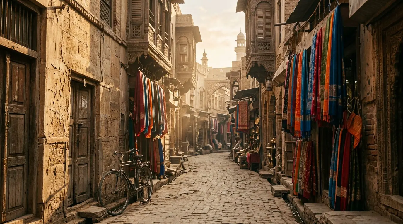 Historic old-city lane at golden hour with carved wooden balconies and hanging fabric