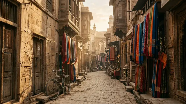 Historic old-city lane at golden hour with carved wooden balconies and hanging fabric