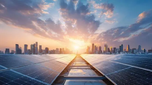 City skyline at sunset with rows of solar panels in the foreground