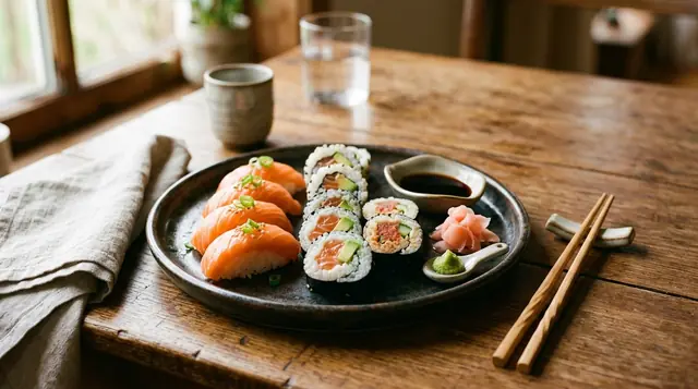 Assortment of homemade sushi with salmon nigiri and maki rolls on a dark ceramic plate