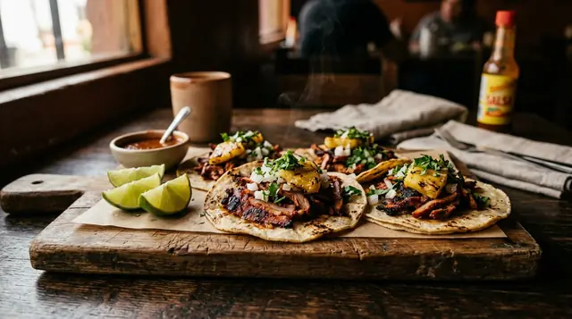 Tacos al pastor with charred pork, grilled pineapple, onion and coriander on corn tortillas